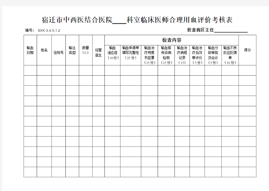 临床科室每月对医师合理用血评价考核表