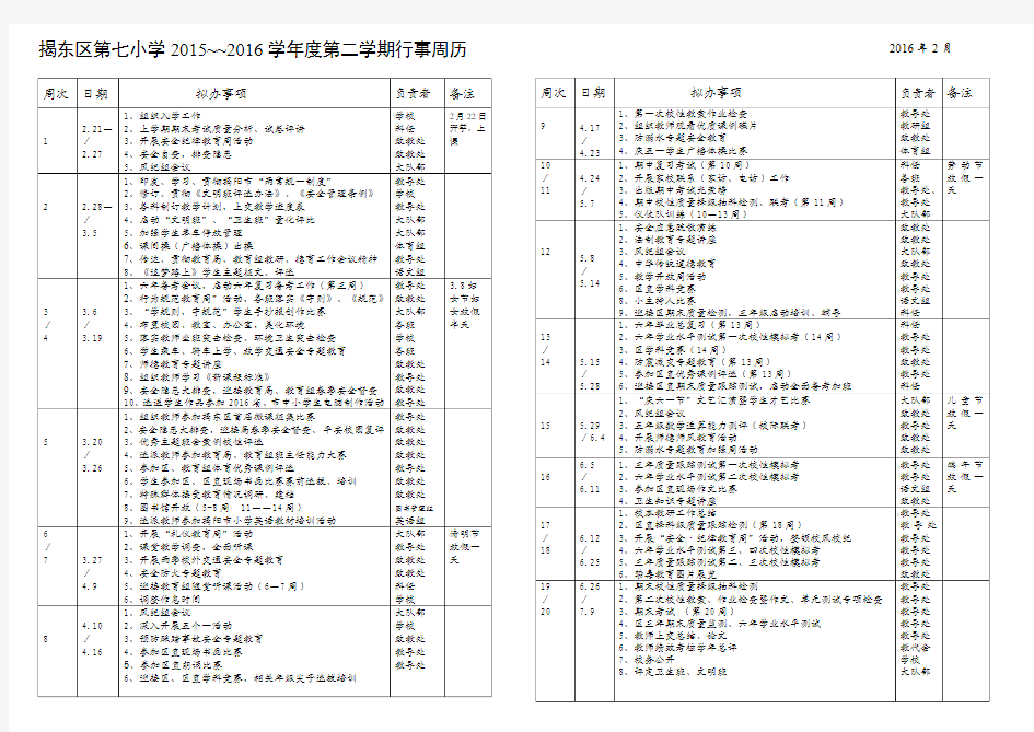 揭东区第七小学2015-2016年第二学期行事周历