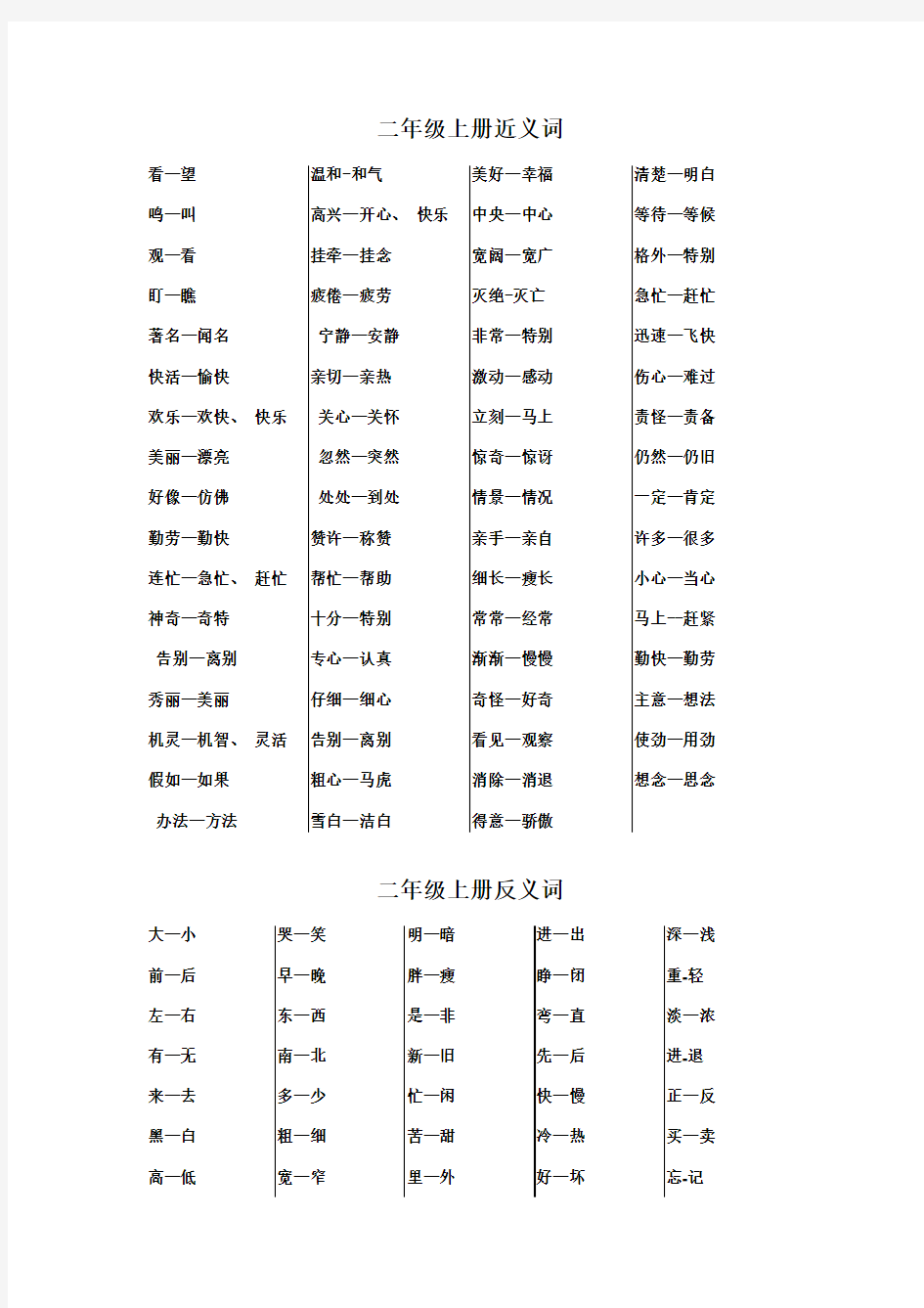 2017年北师大版二年级语文上册期末近义词反义词归纳复习