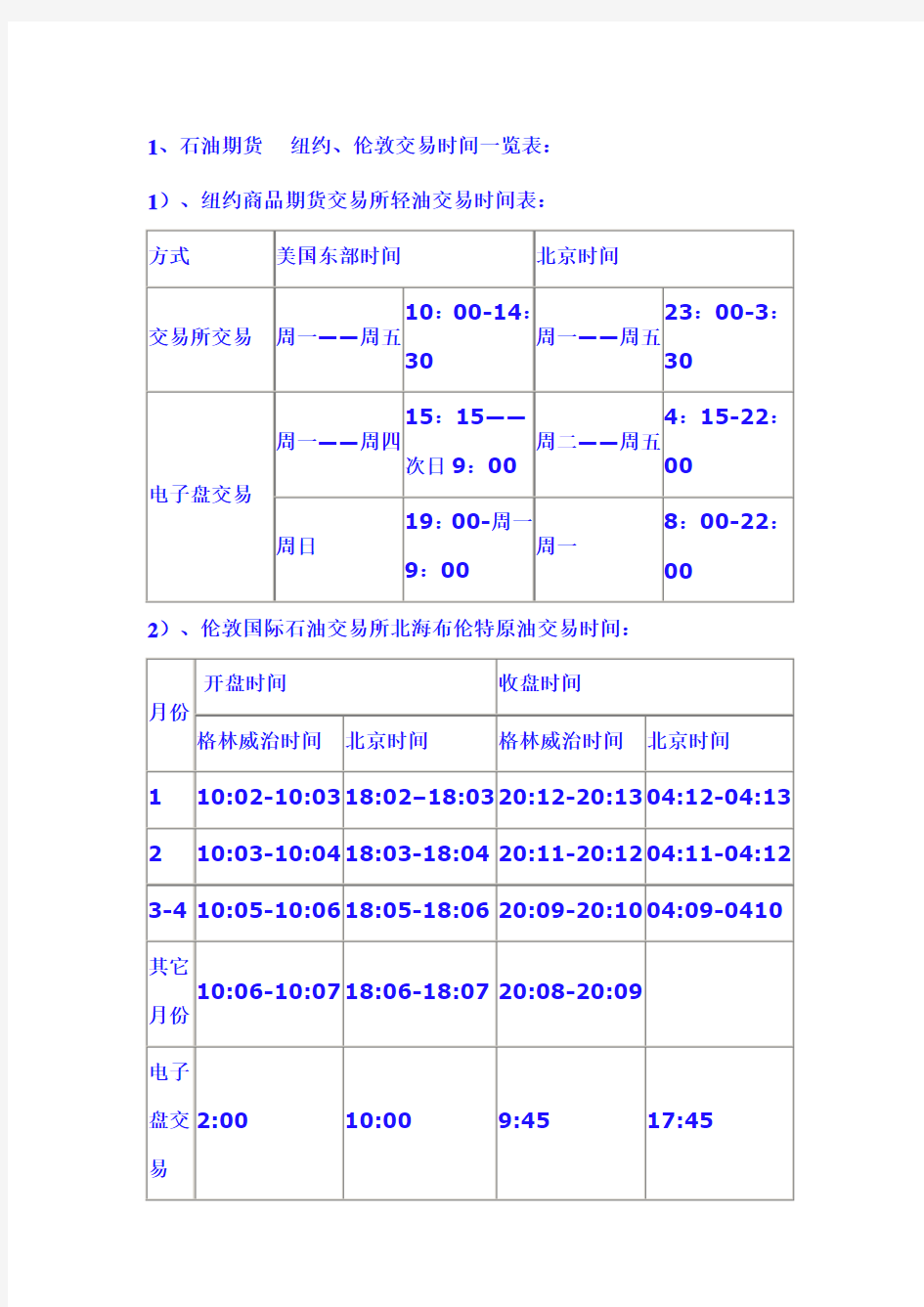 大宗商品期货交易时间