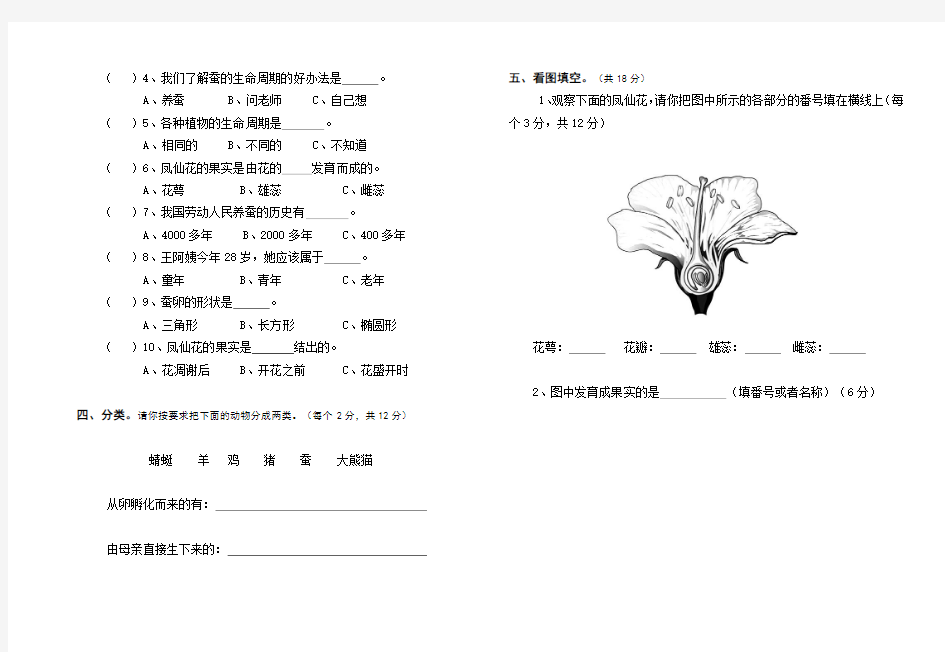 小学三年级《科学》下册期中质量检测试卷