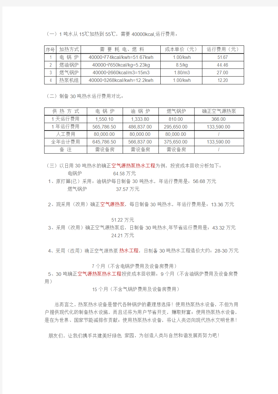 空气源热泵热水工程投资成本回收分析