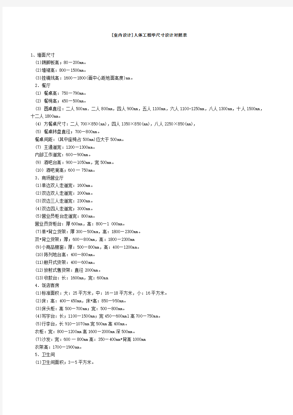 [室内设计]人体工程学尺寸设计对照表