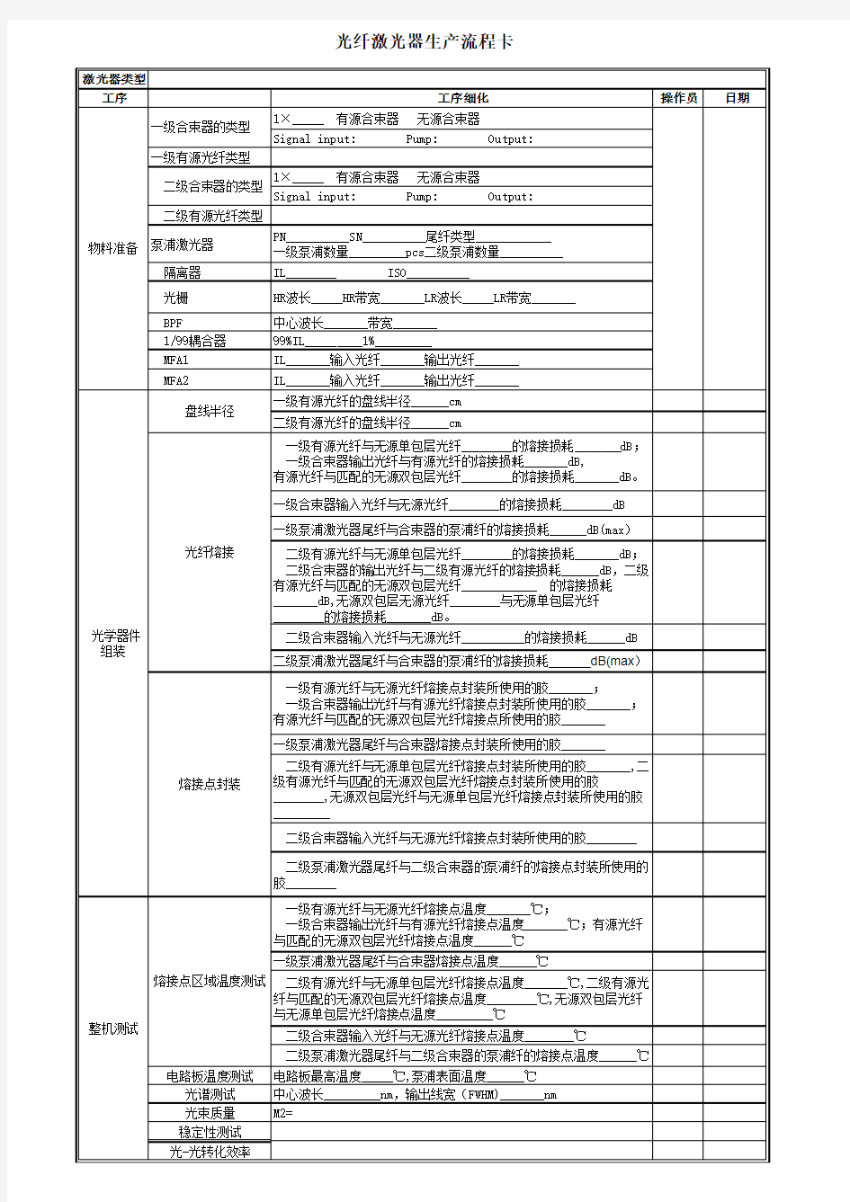 激光器生产流程卡