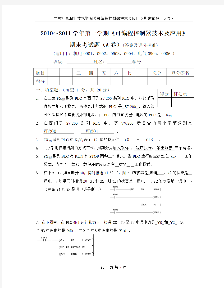 可编程控制器技术A(广东机电职业技术学院)