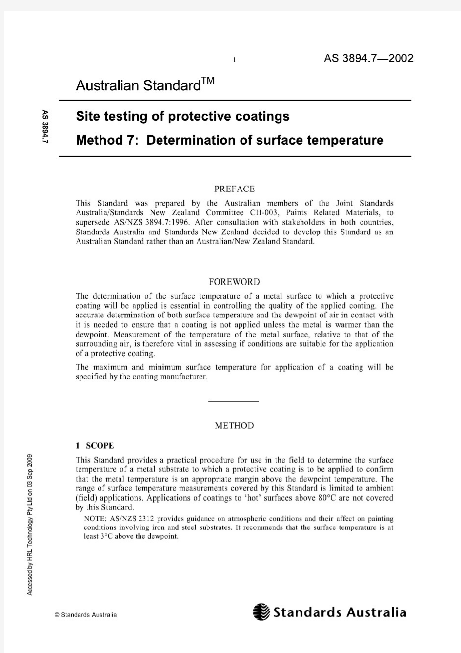 AS 3894.7-2002 Site testing of protective coatings - Determination of surface temperature