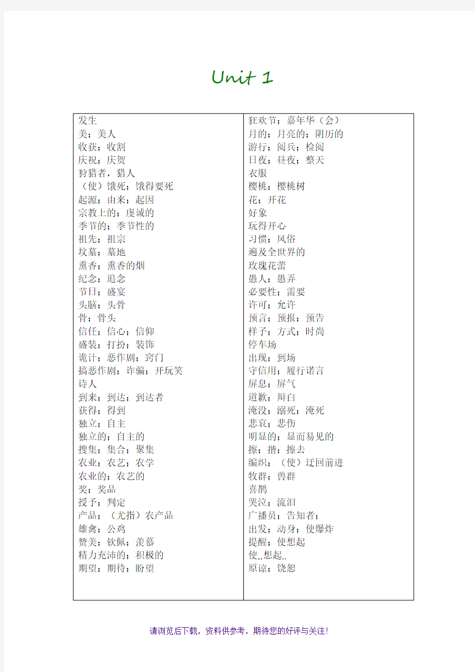 英语必修三单词表默写