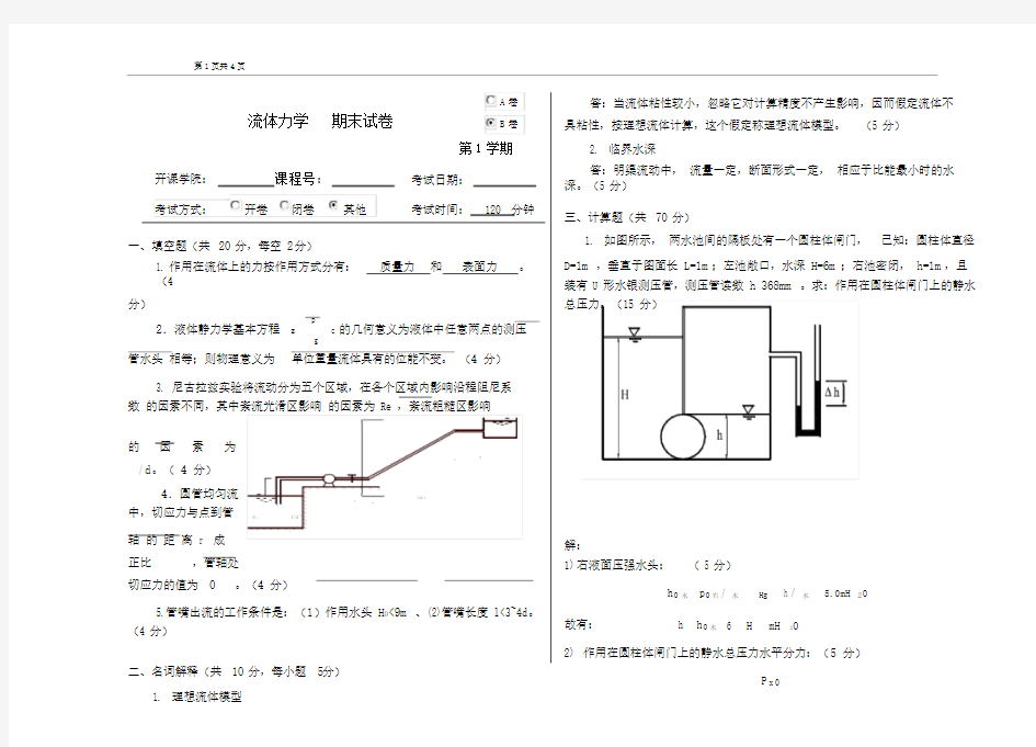 (完整版)重庆大学流体力学课程试卷.doc