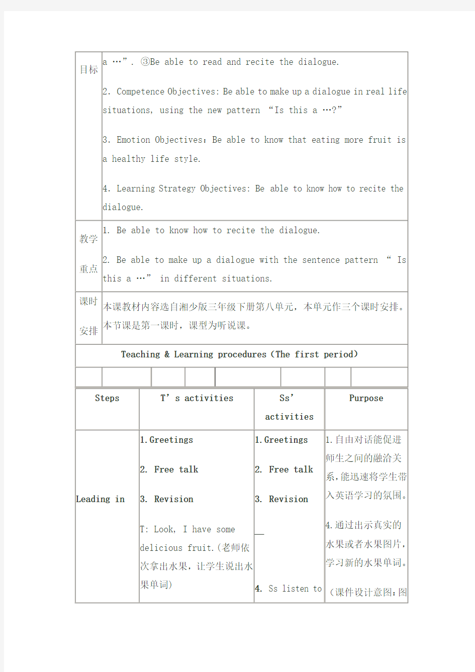 小学英语教学设计模板