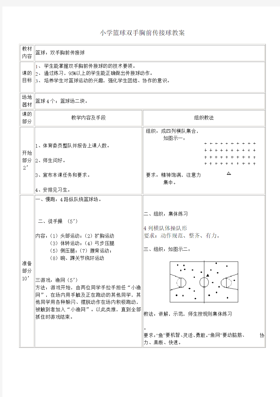 小学篮球双手胸前传接球教案