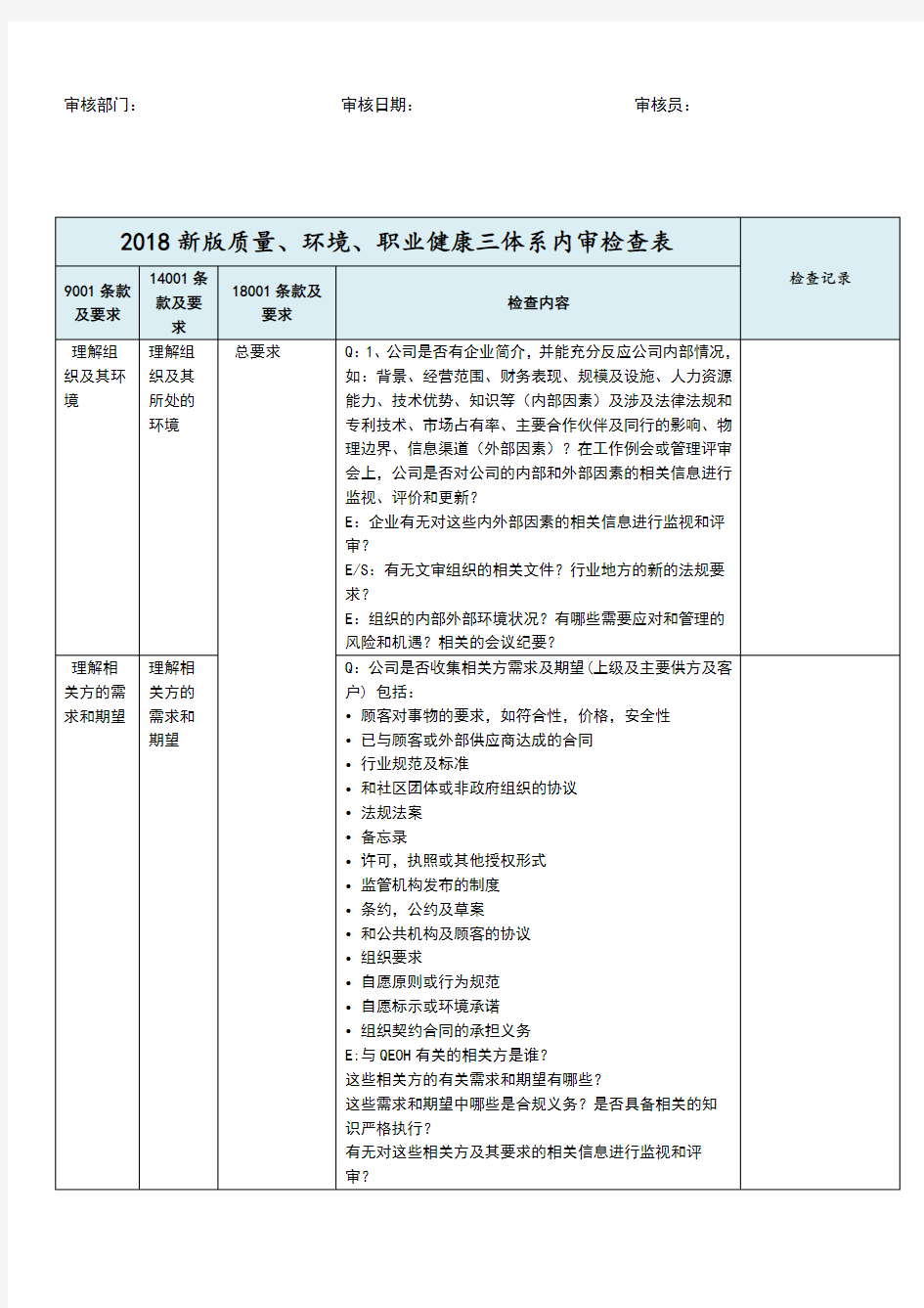 2018年新版三体系内审检查表