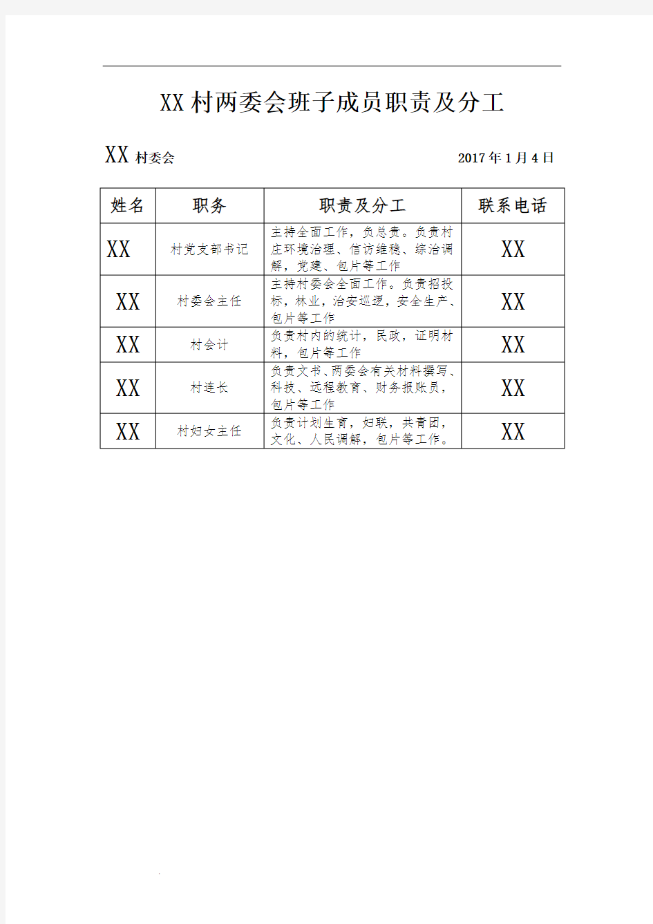 村两委会班子成员职责及分工