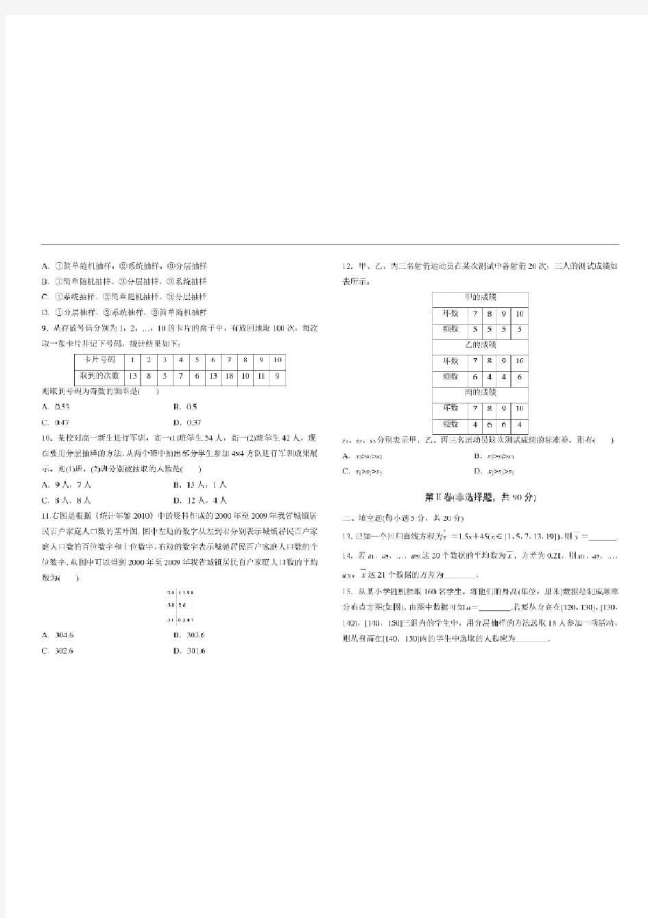 高中数学人教版必修第二章统计单元测试卷(B)00