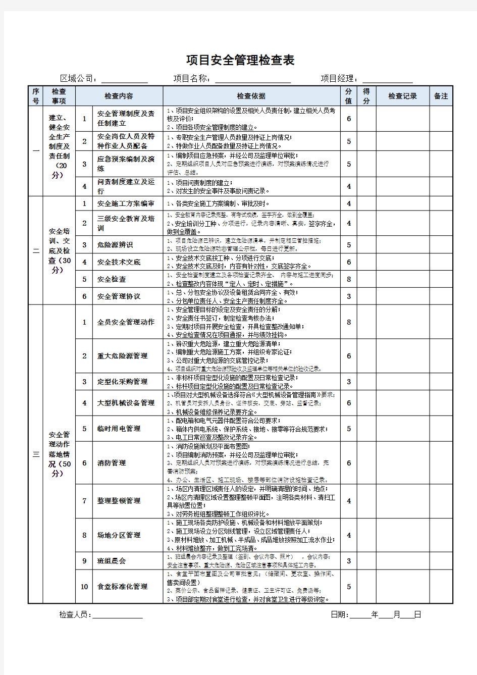 项目安全管理检查表