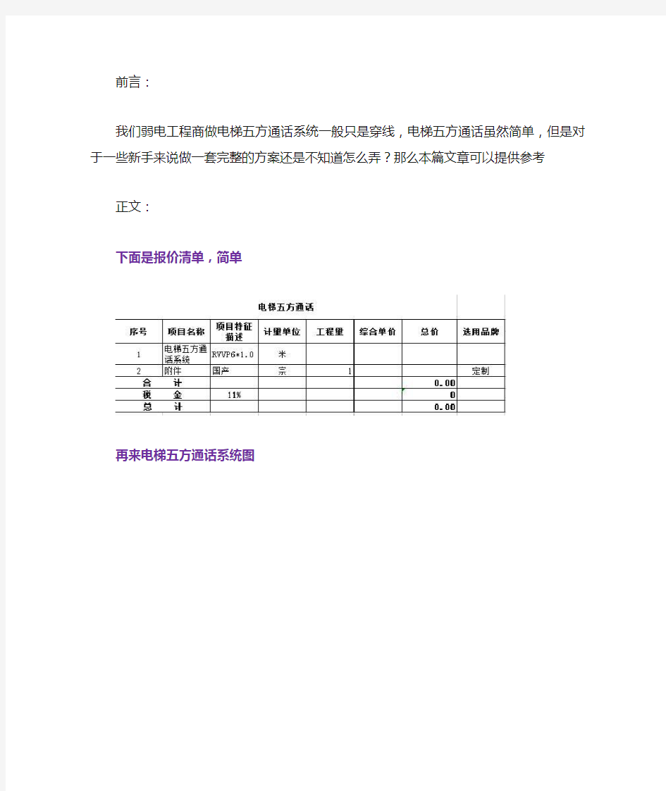 一套完整的电梯五方通话系统方案清单、图纸