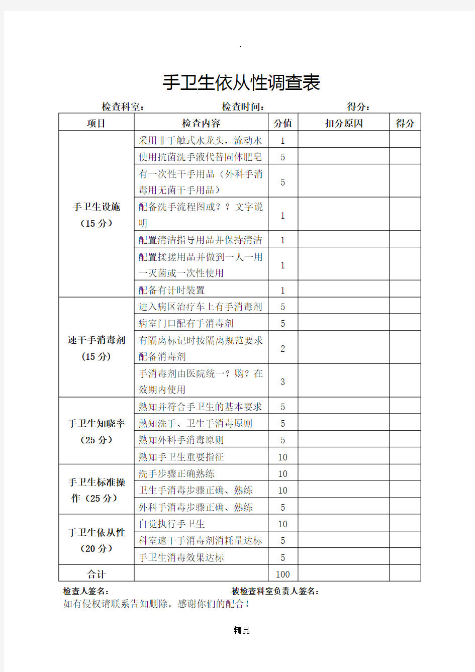 手卫生依从性调查表