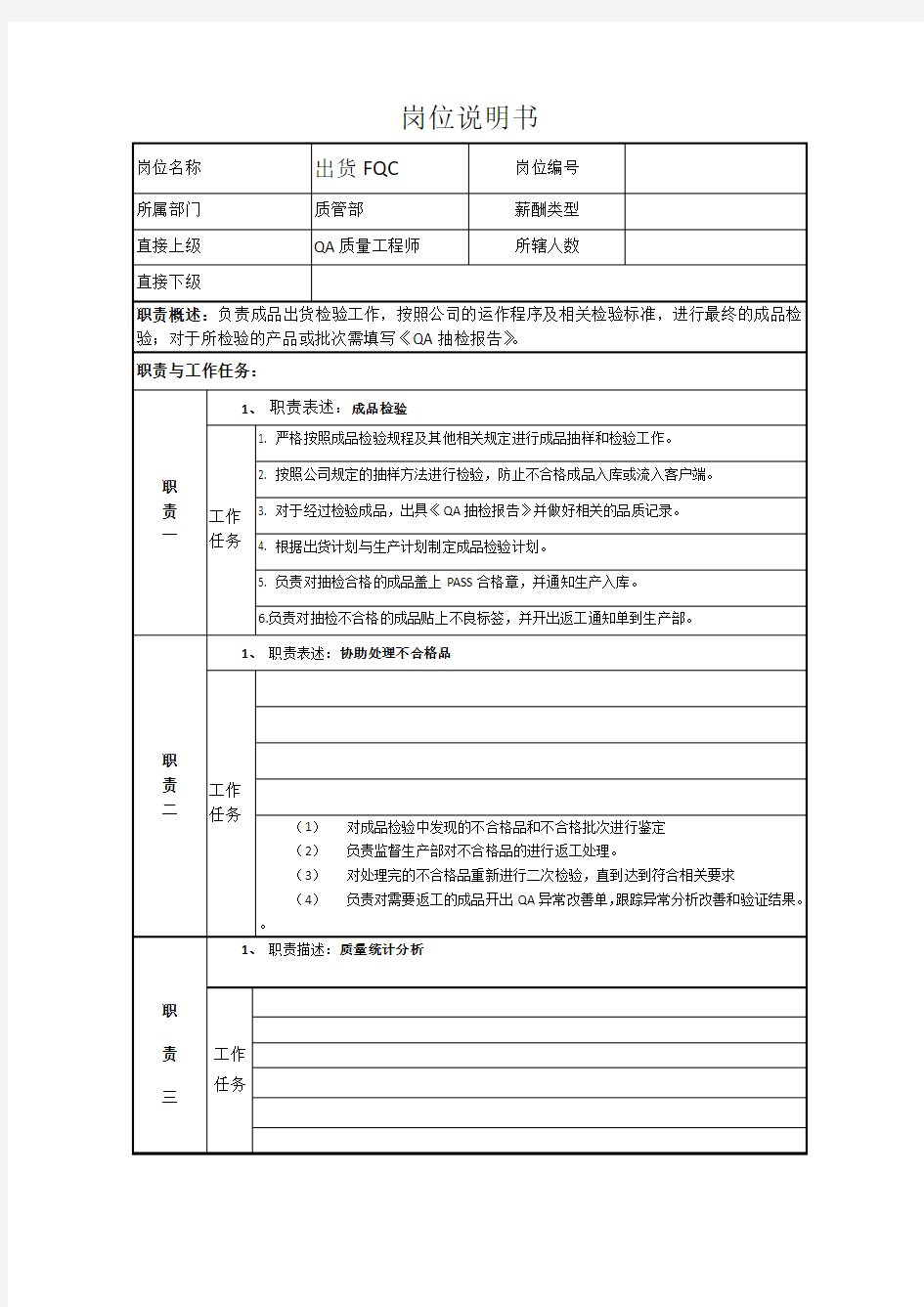 岗位说明书 FQC检验员