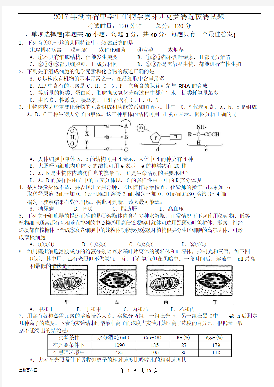 2017年湖南省中学生生物学奥林匹克竞赛选拔赛试题及答案