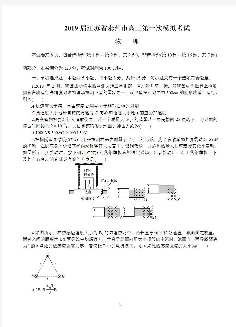 【高考模拟】2019届江苏省泰州市高三第一次模拟考试 物理(word版有答案)