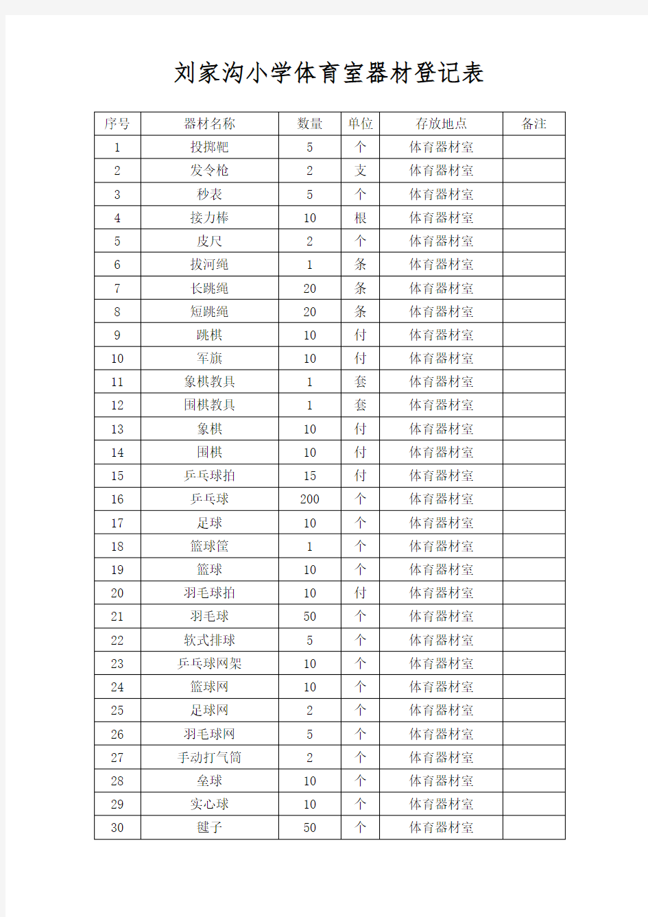 体育室器材登记表