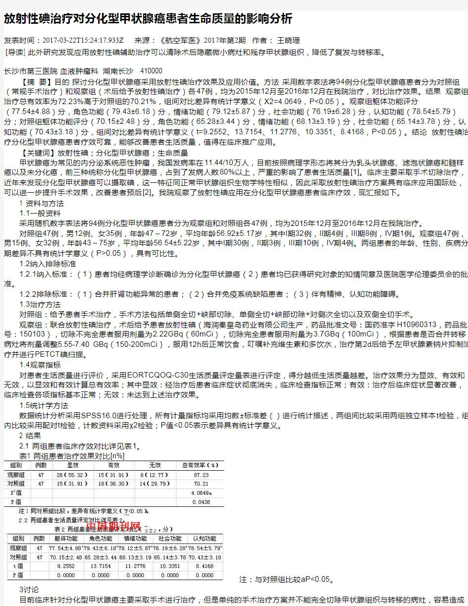 放射性碘治疗对分化型甲状腺癌患者生命质量的影响分析