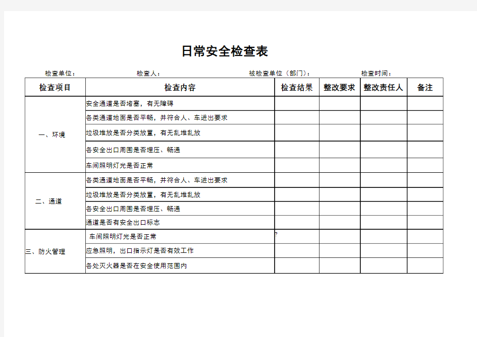 公司日常安全检查表