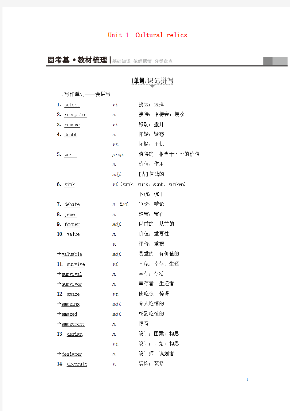 2018高考英语一轮复习第1部分基础知识解读Unit1Culturalrelics教师用书新人教版必修2