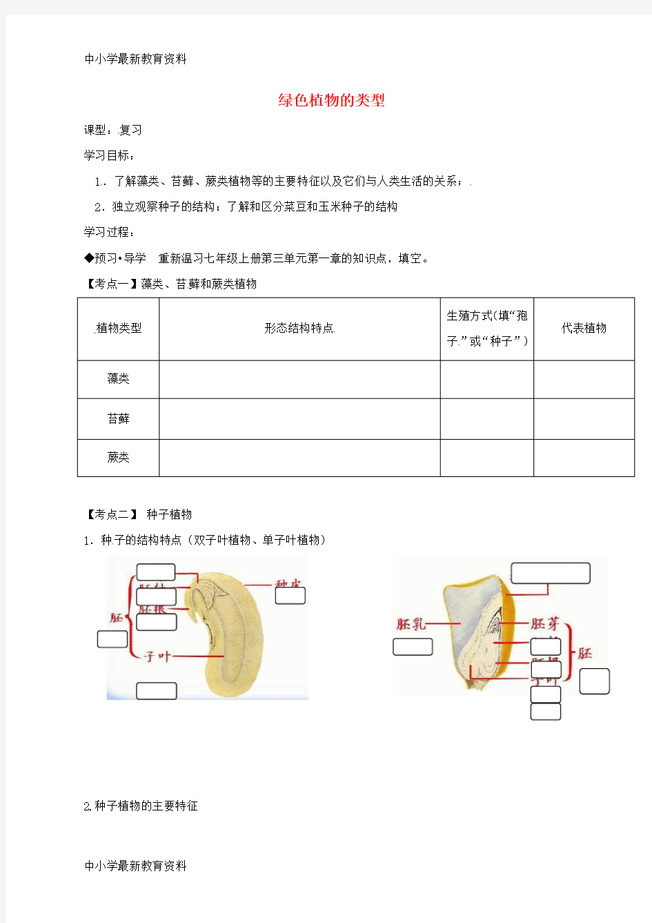 【中小学资料】广东省河源市七年级生物上册 3.1绿色植物的类型讲学稿 (新版)新人教版