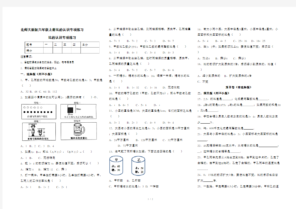 北师大新版六年级上册比的认识专项练习