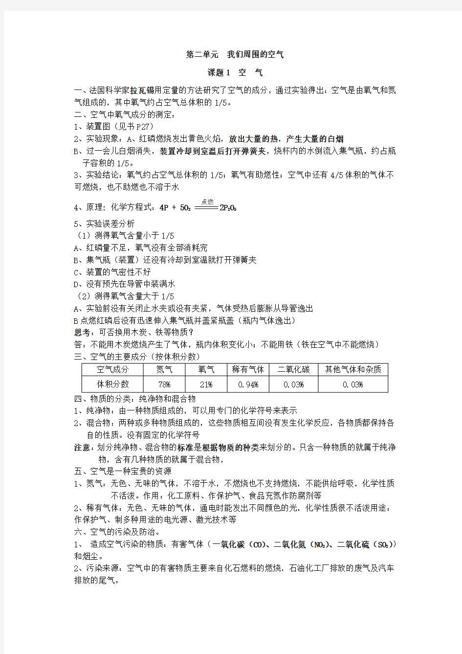 初三化学上册第二单元知识点总结资料讲解