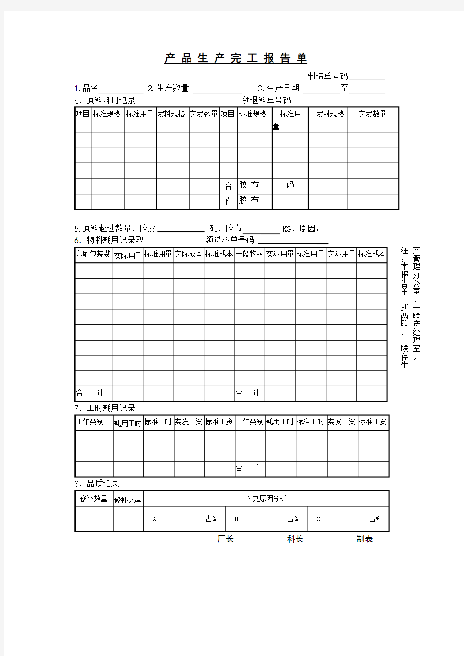 产品生产完工报告单表格模板、doc格式)