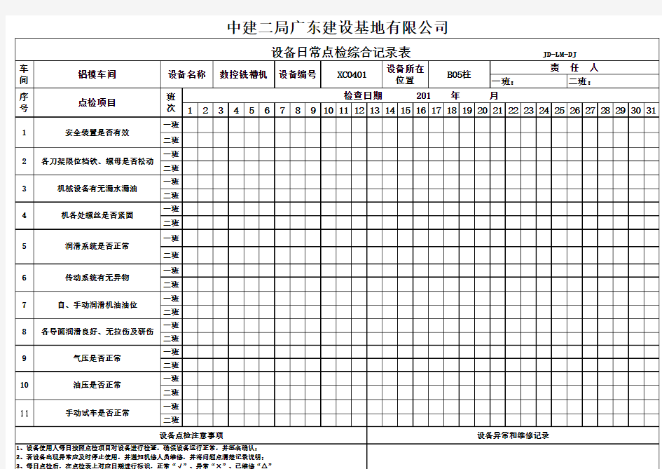 数控铣槽机设备日常点检综合记录表(新)