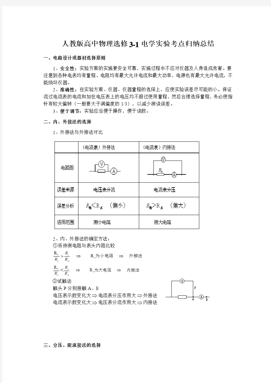 人教版高中物理选修3-1：电学实验考点归纳总结