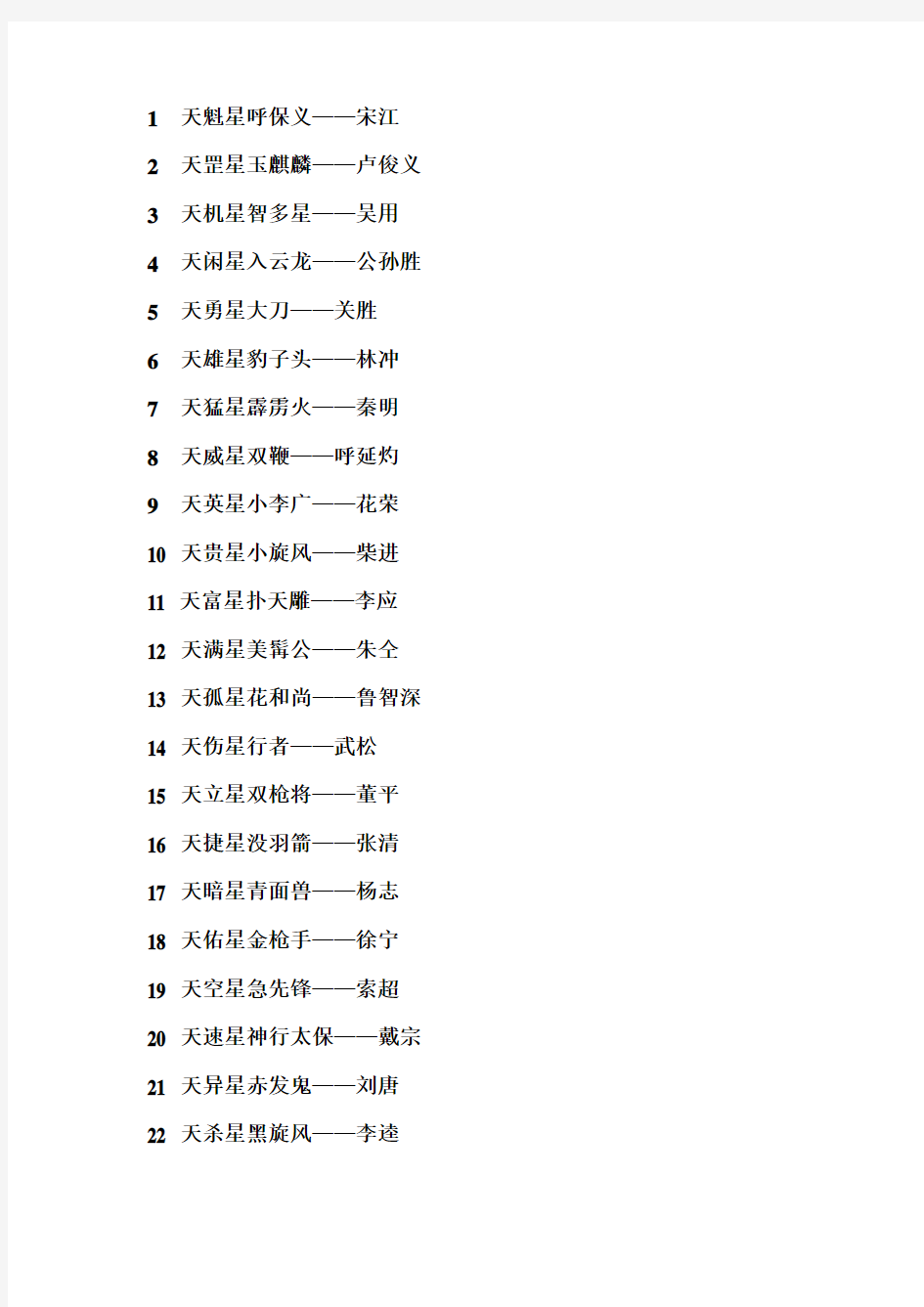 108梁山好汉排名