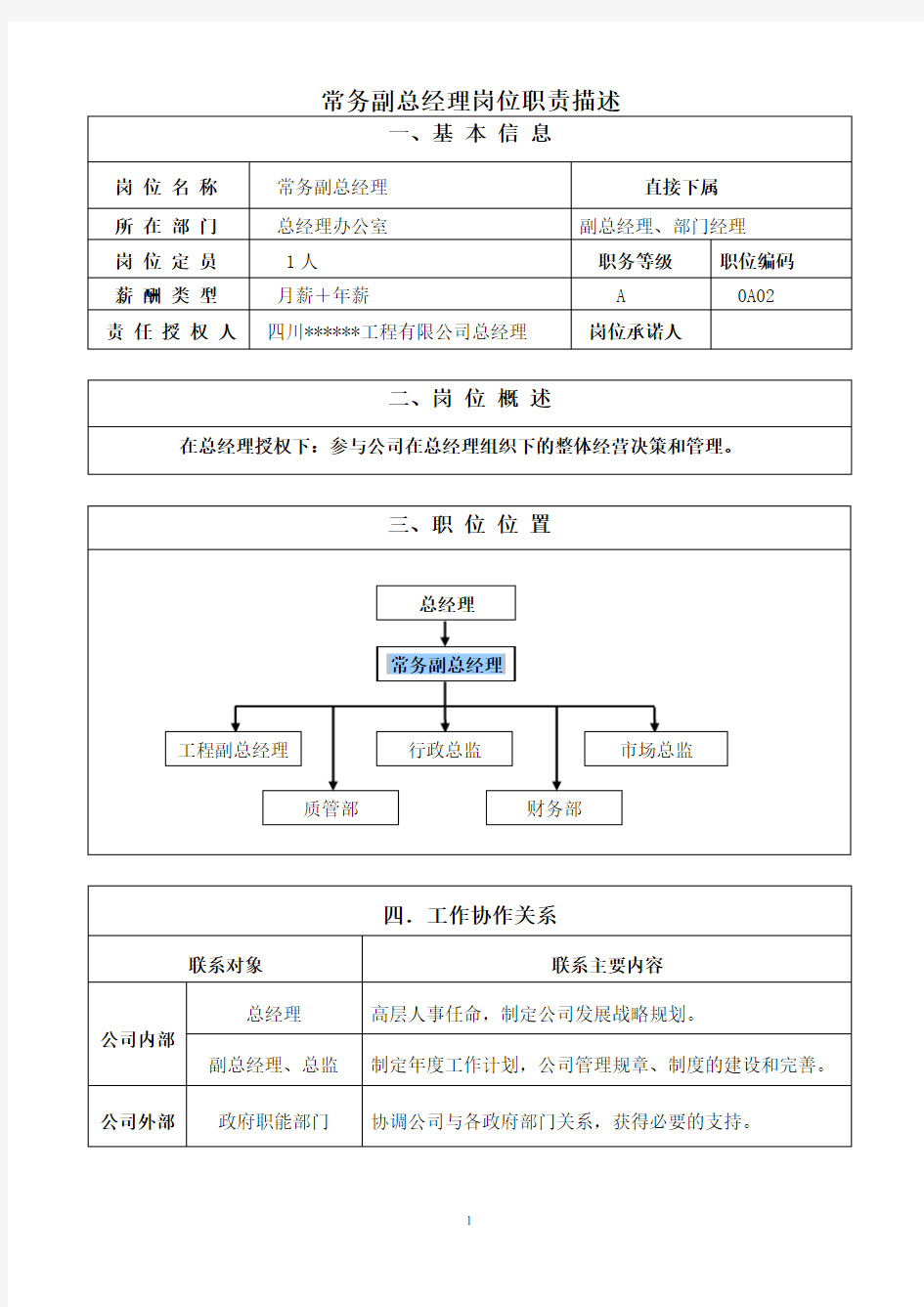 常务副总经理岗位职责