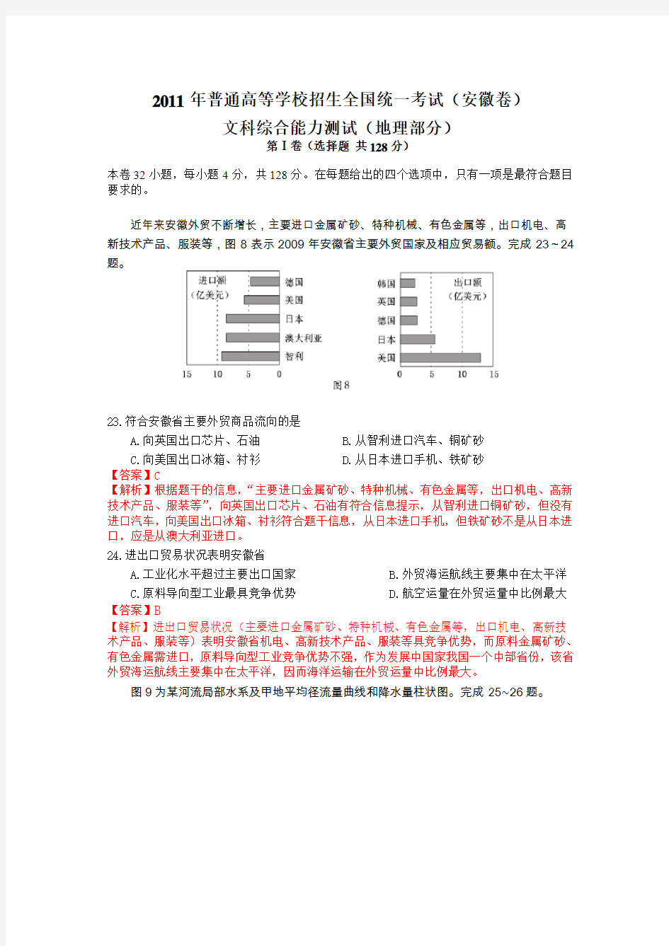 2011年高考安徽文综卷地理试题(WORD)(重绘图)(有解析)