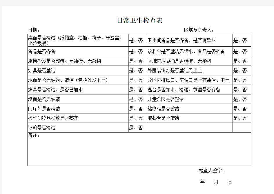 饭店日常卫生检查表