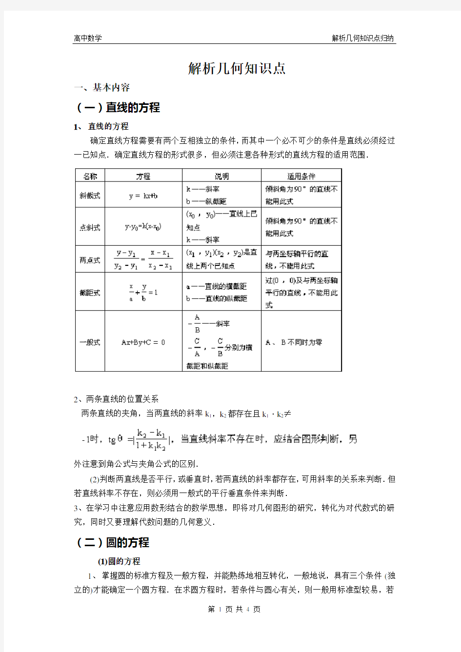 高中解析几何知识点