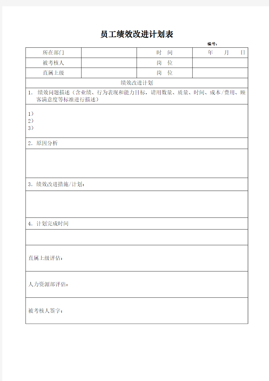 员工绩效改进计划表