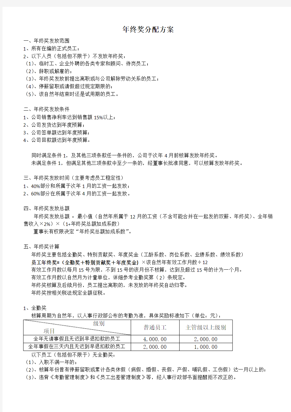 年终奖发放方案