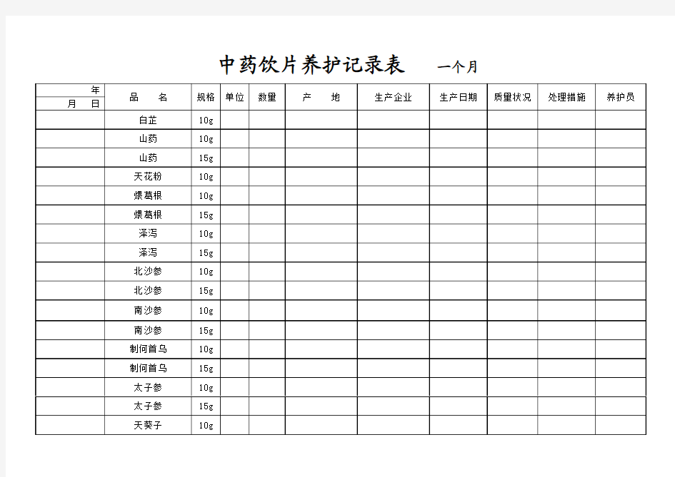 中药饮片养护记录表 一个月