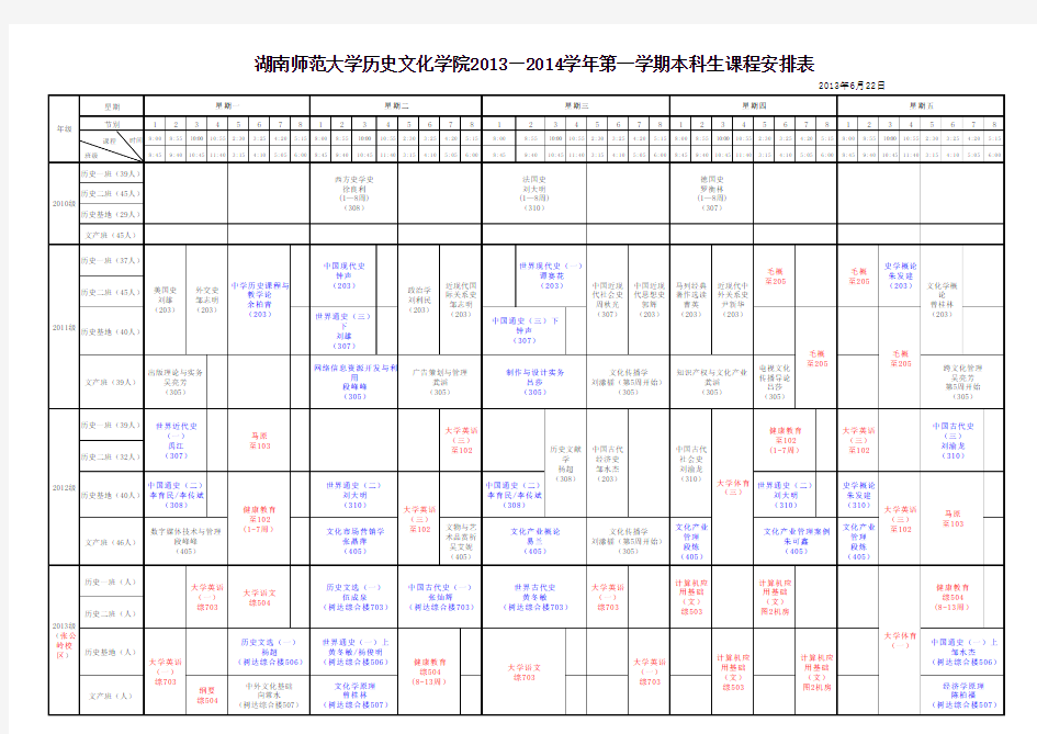 湖南师范大学历史文化学院2013-2014本部课表