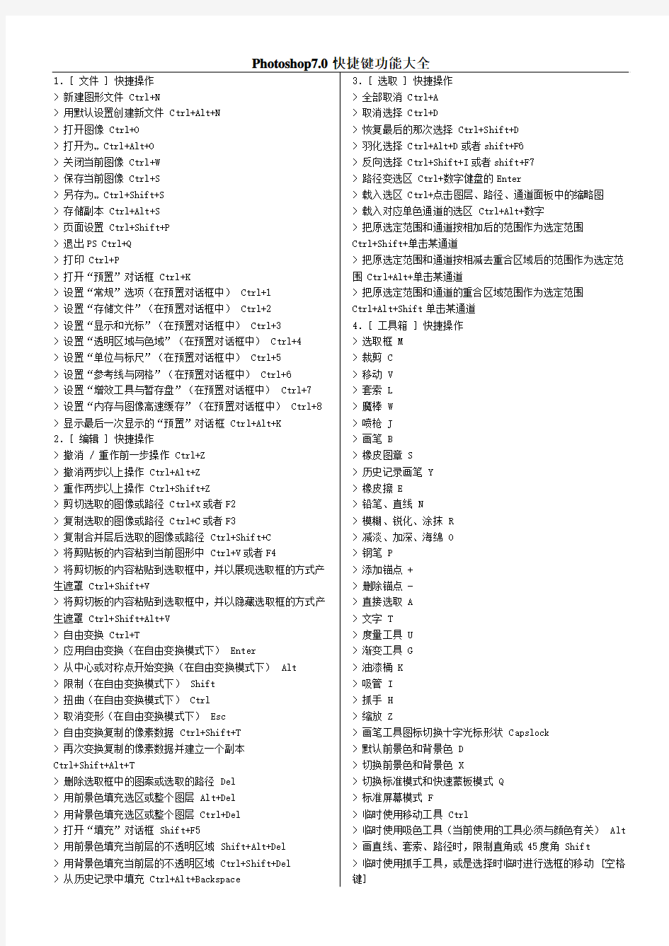 Photoshop7.0快捷键功能大全