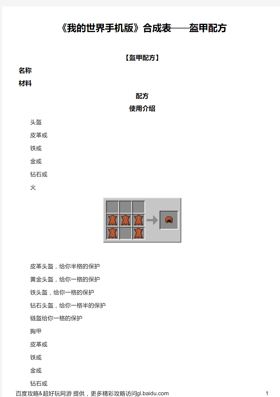 《我的世界手机版》合成表——盔甲配方