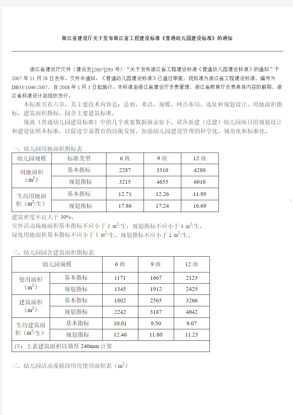 浙江省建设厅关于发布浙江省工程建设标准《普通幼儿园建设标准》的通知