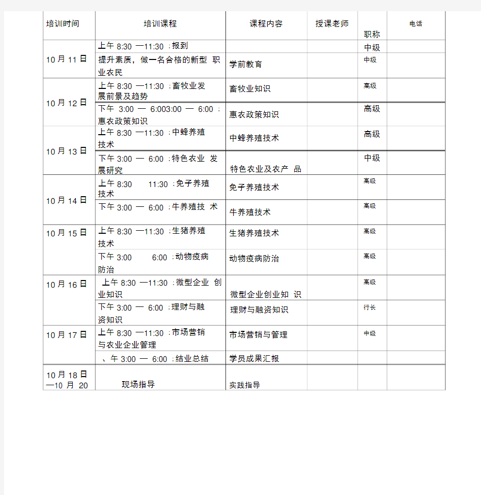 新型农民培训课程表