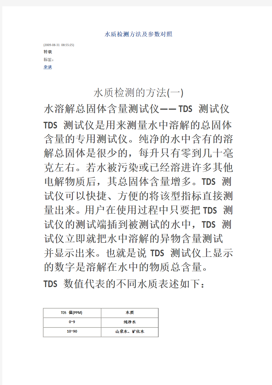 水质检测方法及参数对照