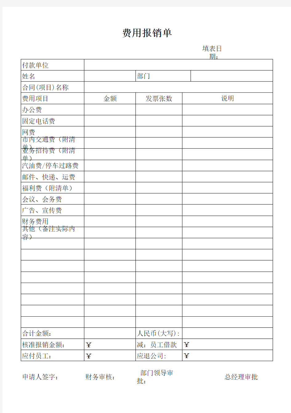 报销申请单模板(1)