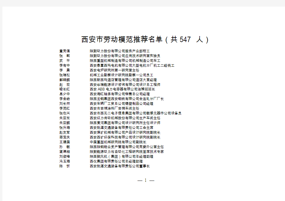 西安劳动模范推荐名单(共547人)