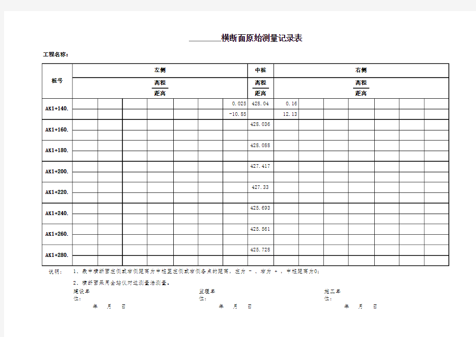 《建筑施工横断面原始测量记录表》